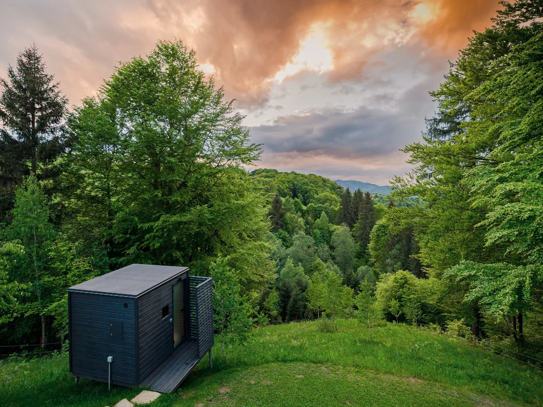 Wooden Eden Hill sauna in a clearing at the edge of the forest beneath a sunset sky.