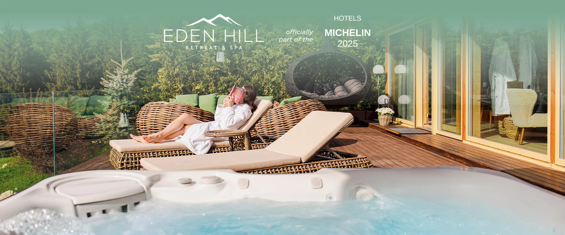 Woman on a lounger beside a hot tub in an Eden Hill composition featuring the Michelin Hotels 2025 badge.