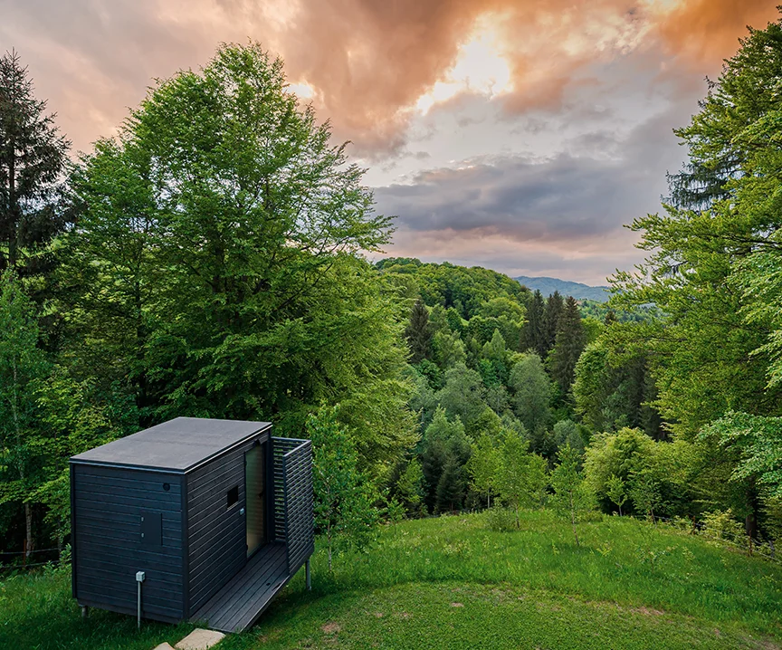 Eden Hill sauna in a forest clearing beneath colourful sunset clouds.