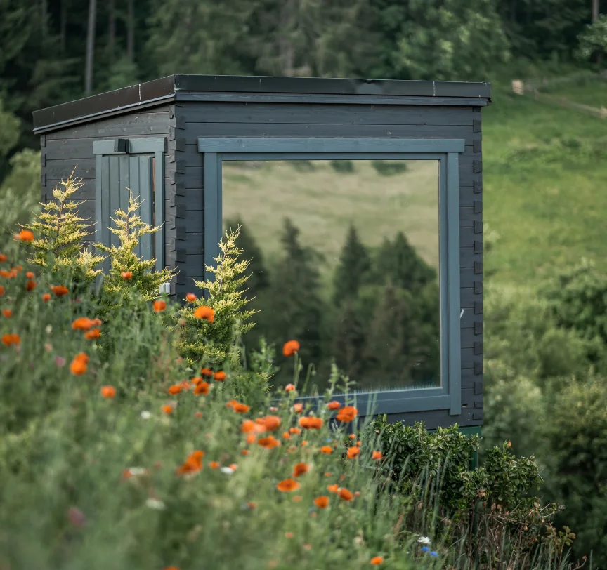 Eden Hill sauna with a panoramic window behind orange garden flowers.