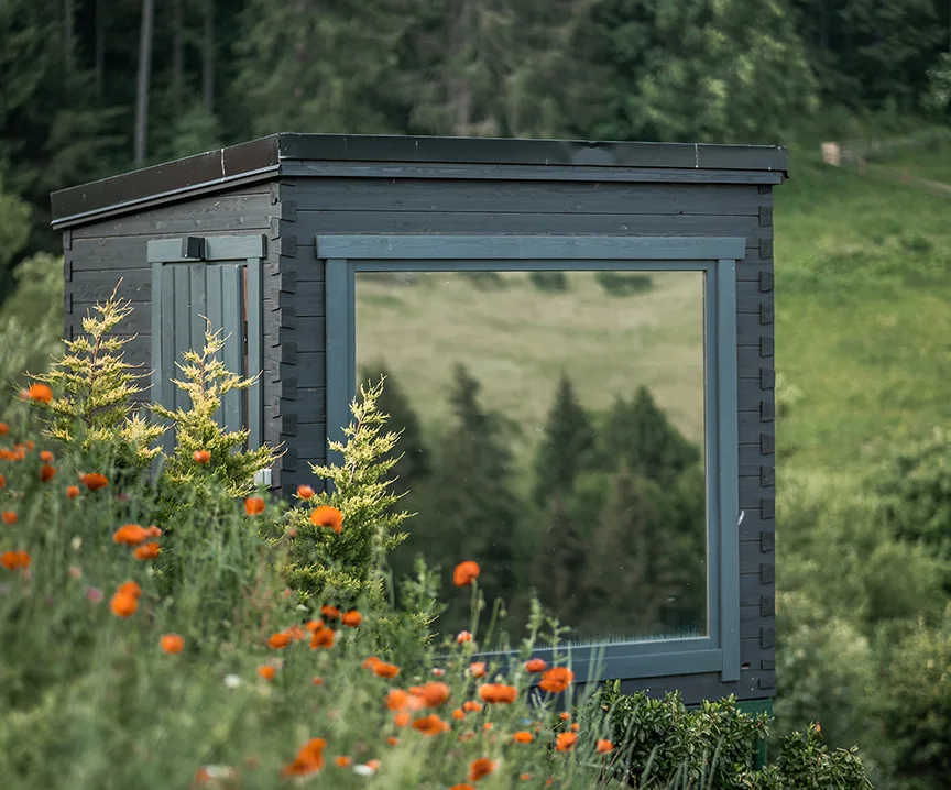 Eden Hill sauna with a large window, surrounded by greenery and orange flowers.