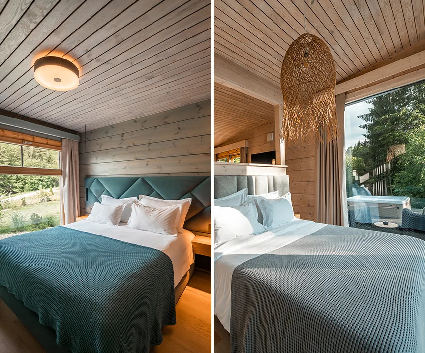 Two Eden Hill bedrooms with wooden walls, green bedding and large windows overlooking nature.